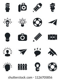 Set of vector isolated black icon - automatic door vector, brainstorm, bulb, camera, pencil, fence, rolling pin, energy saving, shining head, idea, paper plane, crisis management