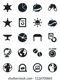 Set of vector isolated black icon - no laptop vector, ticket office, globe, document reload, pills, diet, earth, pie graph, table, police, alarm led