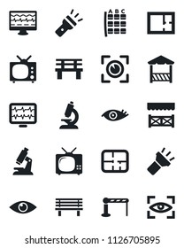 Set of vector isolated black icon - barrier vector, seat map, bench, monitor pulse, microscope, eye, torch, plan, tv, alcove, scan