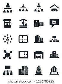 Set of vector isolated black icon - hierarchy vector, well, molecule, hospital, office building, garage, plan, home message