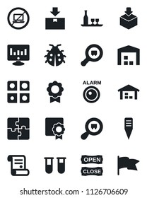 Set of vector isolated black icon - no laptop vector, statistic monitor, contract, lady bug, plant label, blood test vial, package, search cargo, application, sertificate, warehouse, alcohol, flag