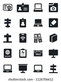 Set of vector isolated black icon - passport vector, identity, office binder, notebook pc, pulse clipboard, signpost, laptop, notes, photo gallery, presentation board, blank box, sale, pass card