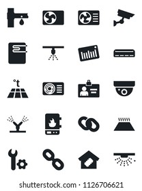 Set of vector isolated black icon - identity card vector, drip irrigation, barcode, chain, root setup, air conditioner, smart home, water heater, warm floor, surveillance, sprinkler