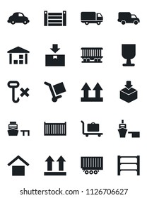 Set of vector isolated black icon - baggage trolley vector, railroad, truck trailer, cargo container, car delivery, sea port, fragile, warehouse storage, up side sign, no hook, package, rack