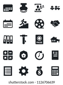 Set of vector isolated black icon - passport vector, baggage larry, calculator, tie, term, reel, settings, hr, abacus, paper binder, stamp, career ladder, house with garage, estate insurance, clock