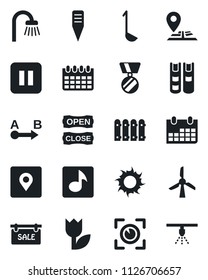 Set of vector isolated black icon - medal vector, calendar, sun, plant label, navigation, tulip, route, pause button, place tag, music, book, fence, sale, bathroom, open close, ladle, eye scan