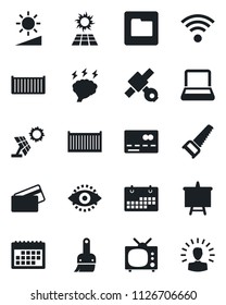 Set of vector isolated black icon - credit card vector, presentation board, brainstorm, saw, satellite, cargo container, themes, folder, brightness, eye id, calendar, notebook pc, tv, wireless