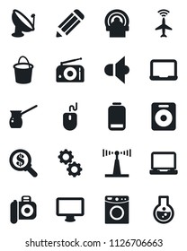 Set of vector isolated black icon - plane radar vector, mouse, notebook pc, pencil, bucket, tomography, satellite antenna, camera, radio, speaker, monitor, laptop, low battery, turkish coffee, gear