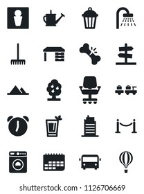 Set of vector isolated black icon - fence vector, airport bus, male, shower, washer, baggage larry, desk, rake, watering can, garden light, broken bone, term, alarm, fruit tree, mountains, phyto bar