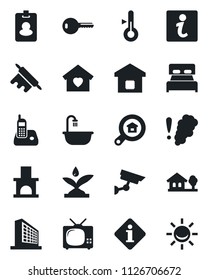 Set of vector isolated black icon - office building vector, fireplace, radio phone, house with tree, estate search, key, bedroom, bathroom, sweet home, tv, smart, rolling pin, irrigation, pass card