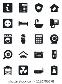 Set of vector isolated black icon - bed vector, garage, sale, estate search, bathroom, smart home, alcove, socket, fan, remote control, router, web camera, intercome, washer, energy saving bulb
