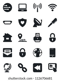 Set of vector isolated black icon - antenna vector, satellite, globe, lock, pen, printer, heart shield, navigation, earth, cell phone, laptop pc, chain, rewind, mail, network, wireless, house