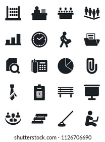 Set of vector isolated black icon - team vector, hoe, bench, company, clock, presentation board, paper clip, bar graph, pie, document folder, search, identity card, abacus, office phone, meeting