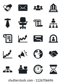 Set of vector isolated black icon - reception vector, hierarchy, manager place, group, handshake, clock, earth, growth graph, office chair, schedule, mail, advertising, contract, tie, building, sand