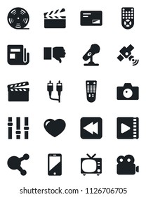 Set of vector isolated black icon - tv vector, camera, clapboard, reel, microphone, satellite, news, settings, remote control, cell phone, share, finger down, heart, mail, rewind, rca, video