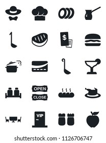 Set of vector isolated black icon - cook hat vector, cocktail, plates, salt and pepper, bread, cafe table, vip zone, dress code, open close, credit card, restaurant receipt, chicken, steak, ladle