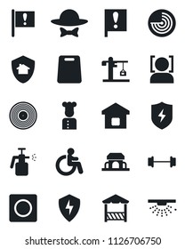 Set of vector isolated black icon - disabled vector, radar, garden sprayer, barbell, important flag, vinyl, protect, record, face id, smart home, crane, cook, cafe building, dress code, alcove