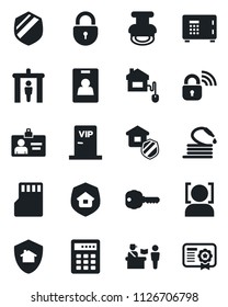 Set of vector isolated black icon - passport control vector, security gate, safe, lock, identity card, hose, shield, sd, face id, stamp, key, estate insurance, vip zone, home, wireless, protect