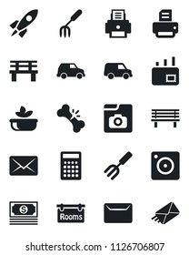 Set of vector isolated black icon - printer vector, garden fork, bench, broken bone, cash, mobile camera, photo gallery, mail, rooms, salad, rocket, calculator, car