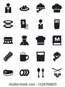 Set of vector isolated black icon - spoon and fork vector, coffee, waiter, cook, serviette, hat, menu, drink, plates, bacon, cafe building, restaurant receipt, steak, sushi