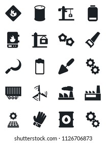 Set of vector isolated black icon - gear vector, factory, trowel, glove, saw, sickle, truck trailer, flammable, oil barrel, battery, low, sun panel, windmill, crane, water heater