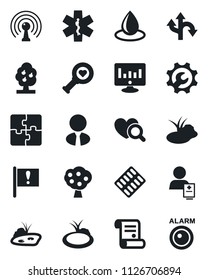 Set of vector isolated black icon - statistic monitor vector, contract, water drop, pond, heart diagnostic, pills blister, ambulance star, patient, route, important flag, antenna, application