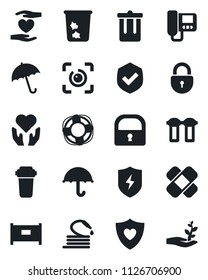 Set of vector isolated black icon - fence vector, umbrella, trash bin, lock, hose, patch, heart shield, hand, protect, eye id, intercome, water filter, crisis management, palm sproute
