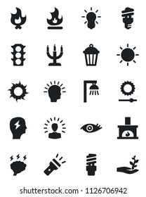 Set of vector isolated black icon - brainstorm vector, fire, sun, garden light, eye, traffic, torch, brightness, fireplace, candle, bulb, energy saving, outdoor lamp, shining head, palm sproute