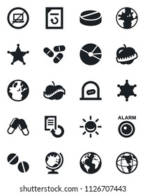 Set of vector isolated black icon - no laptop vector, ticket office, globe, document reload, pills, diet, earth, pie graph, police, alarm led