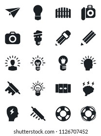 Set of vector isolated black icon - automatic door vector, brainstorm, bulb, camera, pencil, fence, rolling pin, energy saving, shining head, idea, paper plane, crisis management