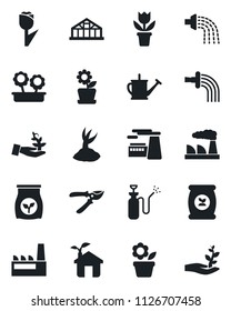 Set of vector isolated black icon - factory vector, flower in pot, watering can, sproute, pruner, greenhouse, garden sprayer, fertilizer, tulip, eco house, palm
