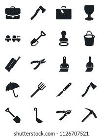 Set of vector isolated black icon - suitcase vector, umbrella, stamp, baggage larry, job, shovel, farm fork, bucket, pruner, axe, scalpel, fragile, themes, ladle, case, hard work