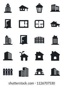Set of vector isolated black icon - office building vector, house, garden light, with garage, fence, plan, city, cafe, eco, door