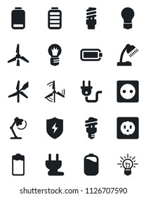 Set of vector isolated black icon - bulb vector, battery, low, protect, desk lamp, windmill, socket, power plug, energy saving, idea