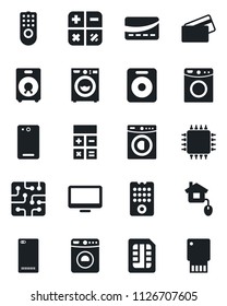 Set of vector isolated black icon - washer vector, calculator, monitor, speaker, phone back, sim, credit card, home control, chip, remote, usb flash