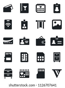 Set of vector isolated black icon - identity vector, card, medical calendar, gallery, sd, sim, archive box, wine, credit, pass, wallet, pennon