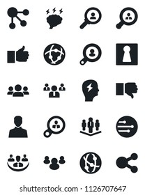 Set of vector isolated black icon - female vector, team, brainstorm, network, group, finger up, down, user, company, client search, consumer, social media