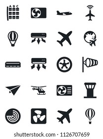 Set of vector isolated black icon - plane vector, airport tower, radar, wind, helicopter, seat map, globe, air conditioner, fan, paper, balloon