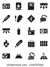 Set of vector isolated black icon - fire vector, hose, fireplace, thermometer, heater, air conditioner, candle, water, smoke detector, radiator, warm floor
