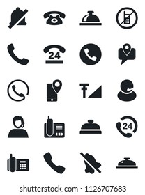 Set of vector isolated black icon - phone vector, no mobile, reception bell, office, 24 hours, support, tracking, radio, call, mute, cellular signal
