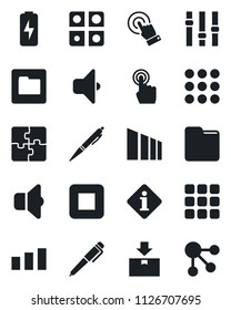 Set of vector isolated black icon - package vector, sorting, settings, touch screen, stop button, menu, folder, charge, application, pen, sound, information, social media