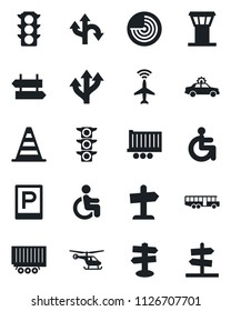 Set of vector isolated black icon - airport tower vector, plane radar, bus, parking, signpost, alarm car, border cone, helicopter, disabled, route, traffic light, truck trailer, guidepost