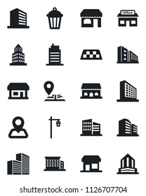 Set of vector isolated black icon - taxi vector, shop, office building, garden light, navigation, store, city house, cafe, storefront
