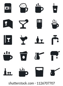 Set of vector isolated black icon - hot cup vector, coffee machine, water supply, alcohol, wine card, drink, cocktail, phyto bar, beer, turkish