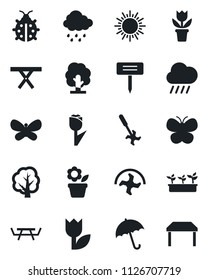 Set of vector isolated black icon - umbrella vector, sun, flower in pot, ripper, tree, butterfly, lady bug, seedling, rain, plant label, picnic table, tulip