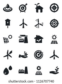 Set of vector isolated black icon - factory vector, bird house, target, sun panel, windmill, eco, water, palm sproute