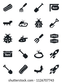 Set of vector isolated black icon - job vector, garden fork, shovel, lady bug, caterpillar, pond, rent, bacon, open close, rocket