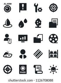 Set of vector isolated black icon - passport vector, luggage storage, statistic monitor, contract, water drop, pills blister, patient, important flag, folder document, reel, root setup, target, pond