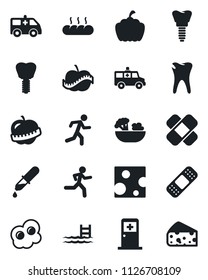 Set of vector isolated black icon - medical room vector, pumpkin, dropper, patch, ambulance car, run, caries, implant, diet, pool, salad, bread, omelette, cheese