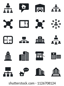 Set of vector isolated black icon - hierarchy vector, well, molecule, hospital, office building, garage, plan, home message